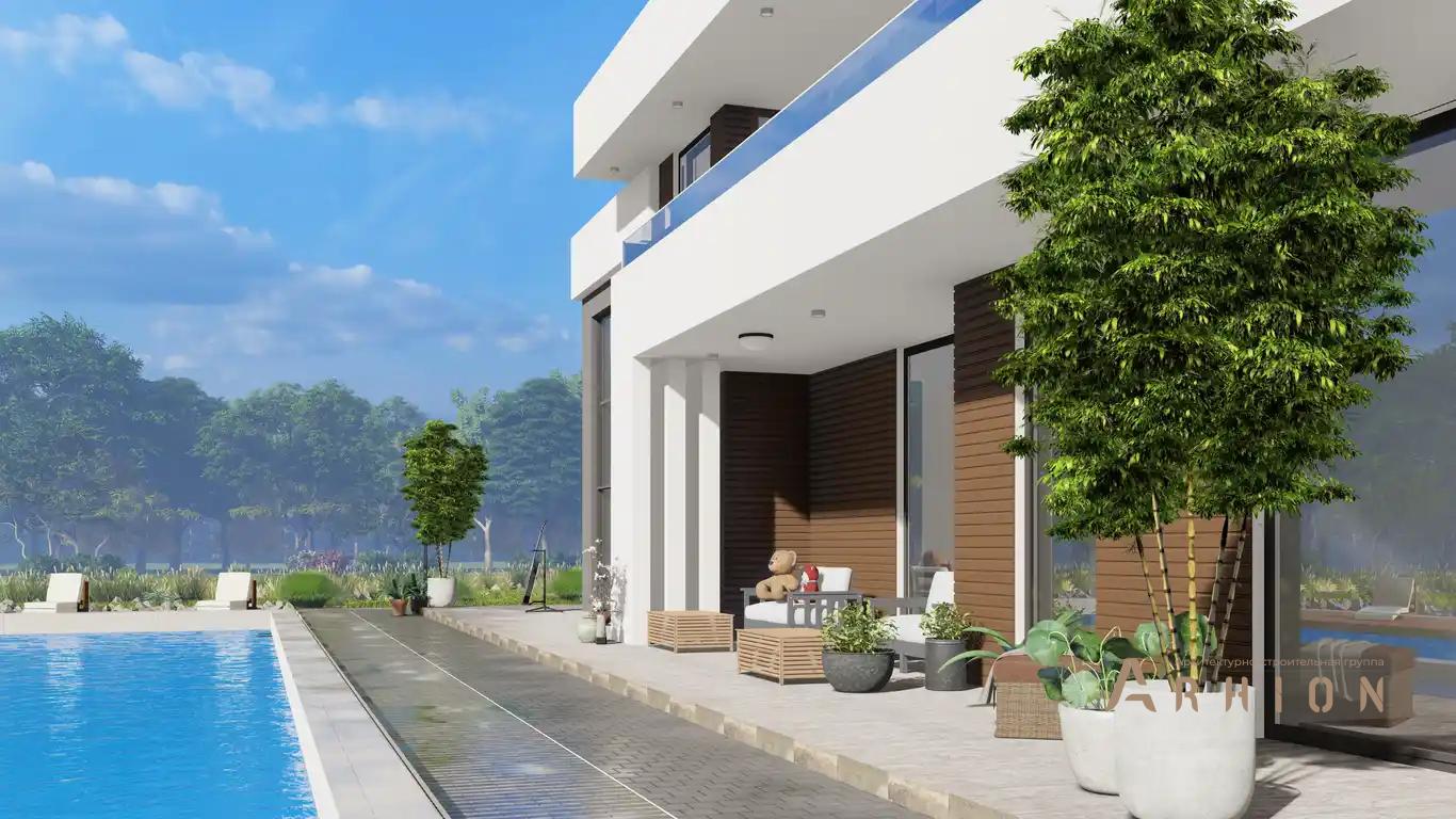 11. Проект двухэтажного дома в стиле хай-тек с плоской кровлей , h-1603, площадью - 639 кв c терассой, балконом, гаражом, вторым светом